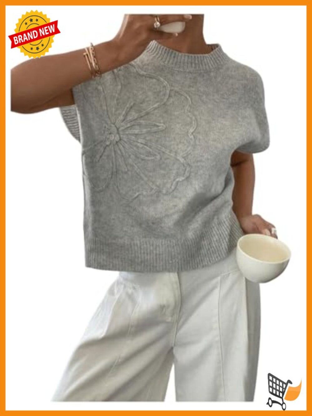 Women's Short Sleeve 3D Floral Sweater Stretchy Ribbed Knit Crew Neck Loose Fit